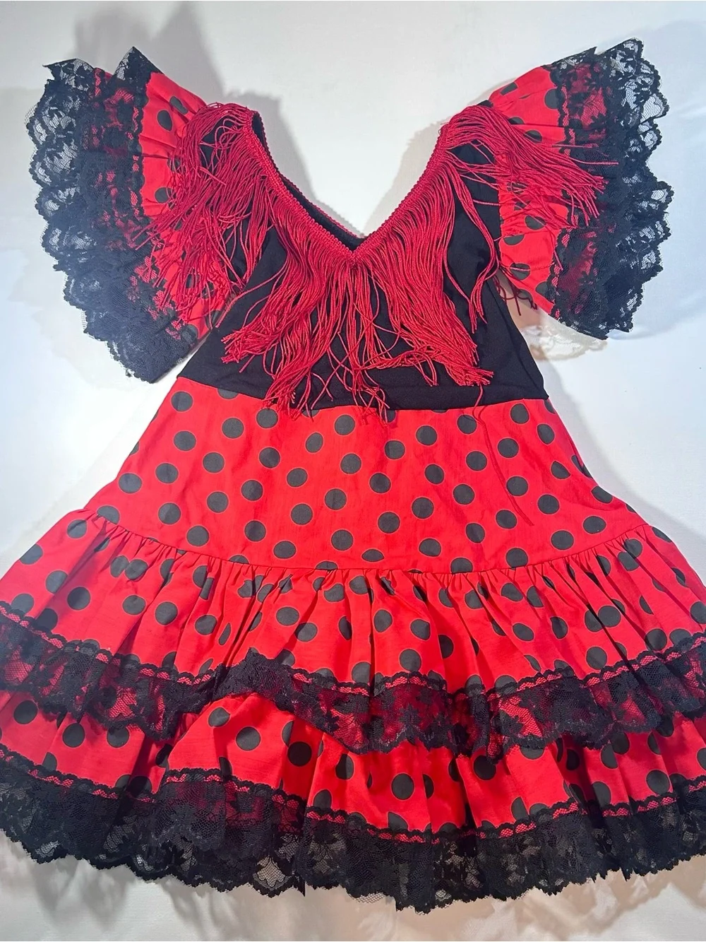 Hilary McAuley Flamenco Dress Sz 2 Red Black Polka Dot Fringe Lace Spanish